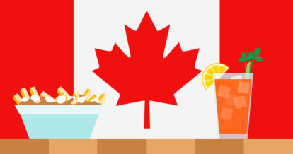 Canada Day flag with poutine and a refreshing drink.