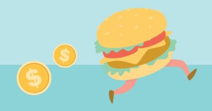 Illustration of a burger with legs running away from coins