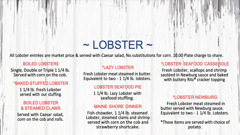 Photos of a menu showing the market prices for lobster dishes.