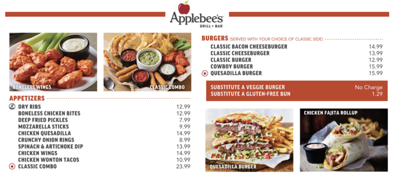 Photo of the Applebee's menu showing appetizers on the left and burgers on the right.