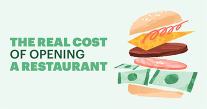 In bold letters, the real cost of opening a restaurant and a burger with all the fixings on it and money in the middle.