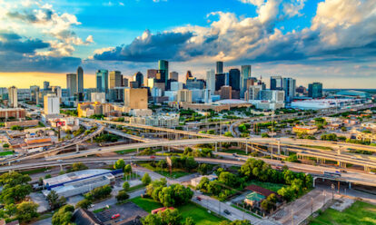 The skyline of Houston, Texas at sunset shot from an altitude of about 600 feet.