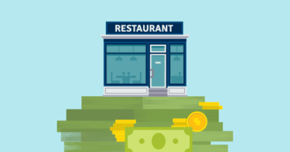 Illustration of restaurant on top of a pile of money