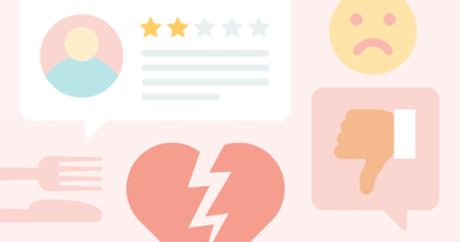 Image depicting a review box with 2 stars, sad face emoji, broken heart, and thumbs down