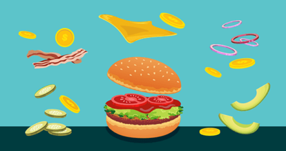 Illustration of burger with additional toppings and coins around it