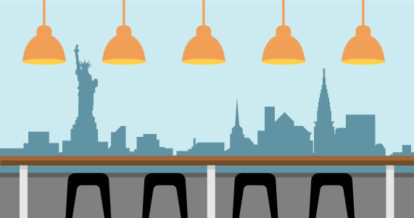 Illustration of restaurant seating with a view of the NYC skyline